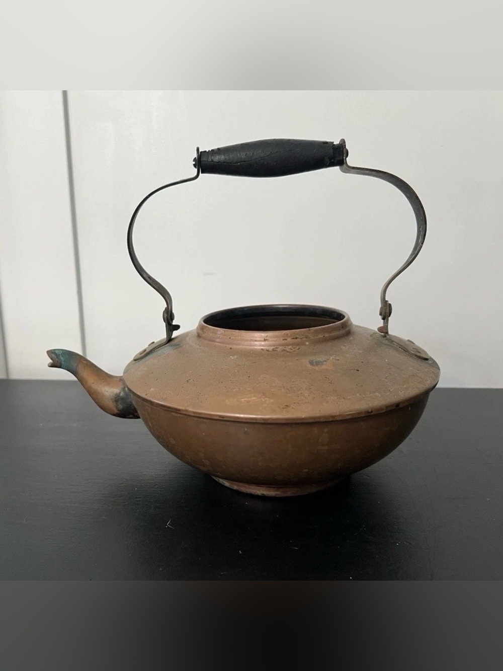 Vtg Copper Tea Kettle With Wooden Handle Made In Portugal Primitive Patina Read
